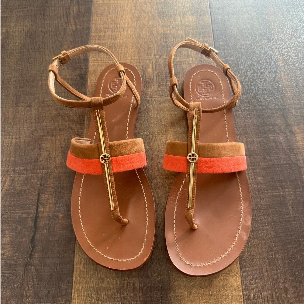 Tory Burch Logo T Strap Sandals Brown Coral Leather Flat Sandal Size 9